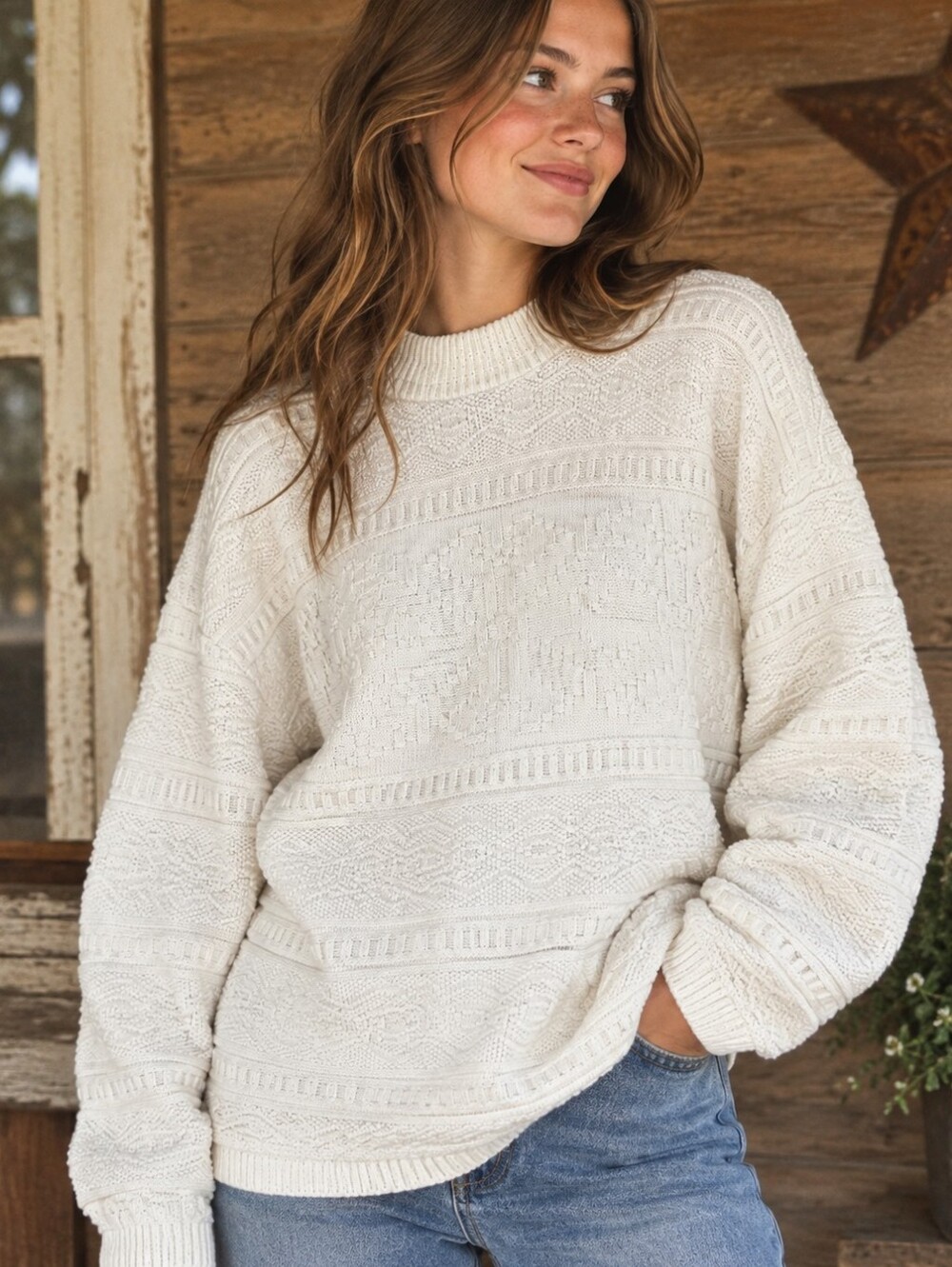 Cozy Vintage 90s Cream Textured Cable-Knit Cabincore Fair isle Crewneck Sweater